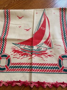Vintage-Inspired Nautical Cotton Kitchen Towel - Red handmade edge